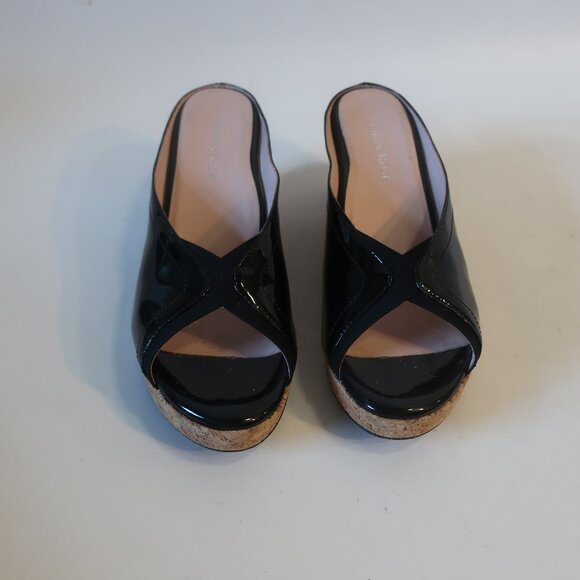 Womens Taryn Rose Selinda Black Patent Leather Peep Toe Cork Wedge Mule Heel 9.5 - Picture 4 of 13